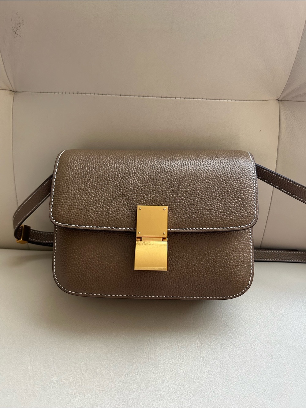 Taupe Leather Crossbody Bag with Gold Lock